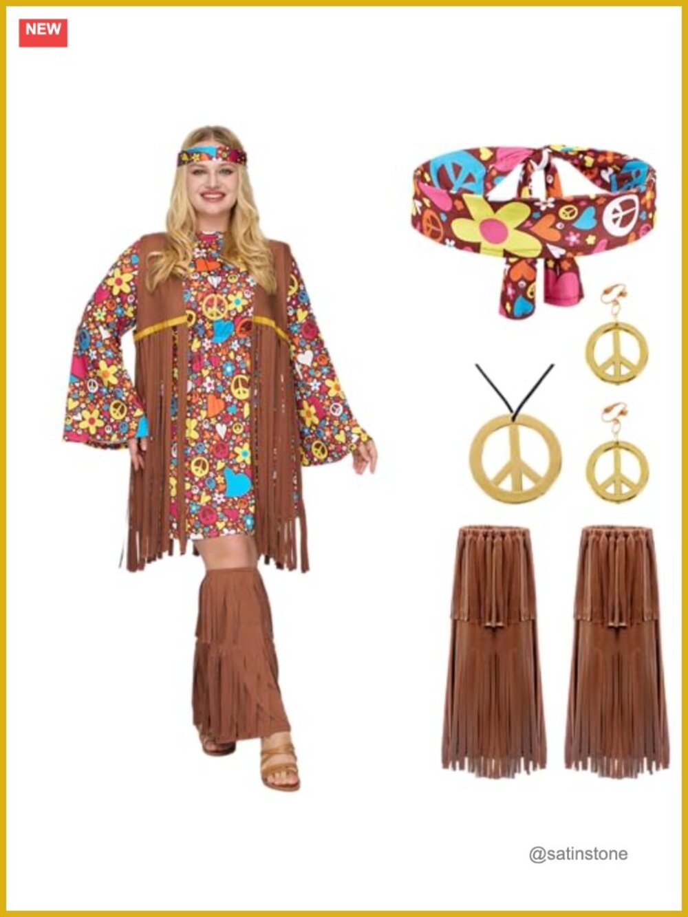 Plus Size 70s Hippie Costume 6-Piece Set Dress Vest Bandana 100% Polyester